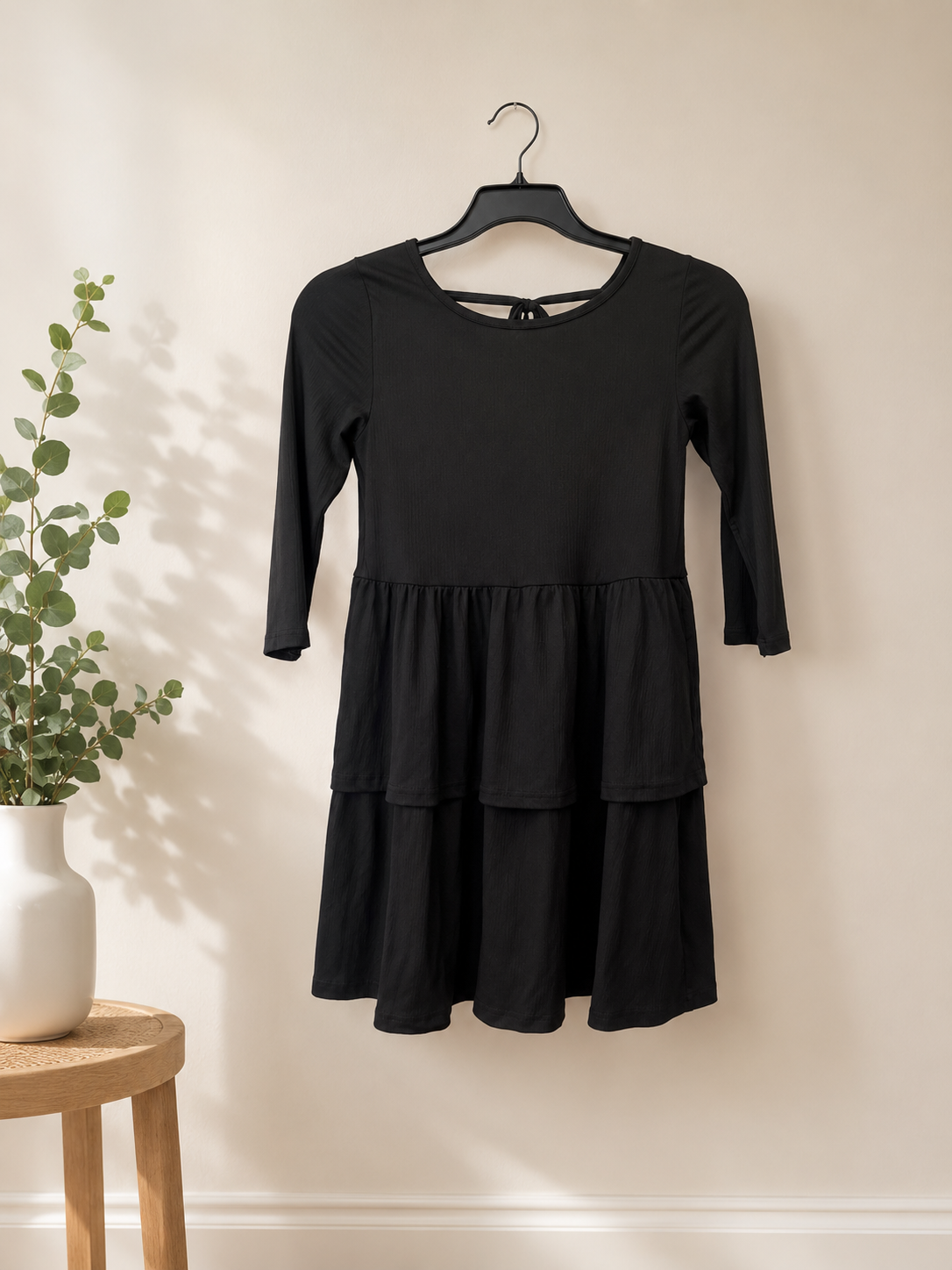 Black Tiered Fit & Flare Midi Dress — 3/4 Sleeve | Size L | NWOT - detail