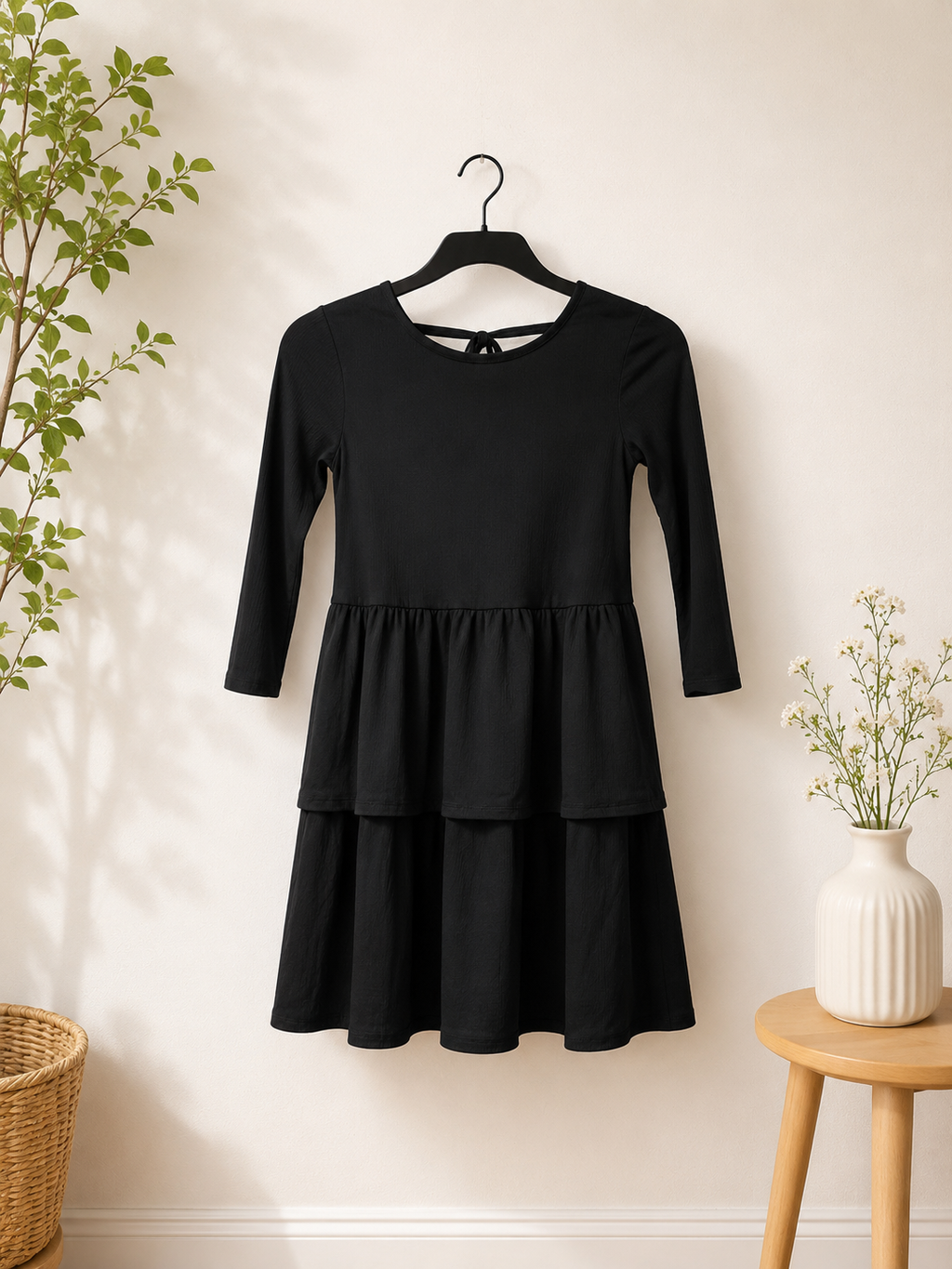 Black Tiered Fit & Flare Midi Dress — 3/4 Sleeve | Size L | NWOT - close-up