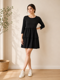 Black Tiered Fit & Flare Midi Dress — 3/4 Sleeve | Size L | NWOT - front view