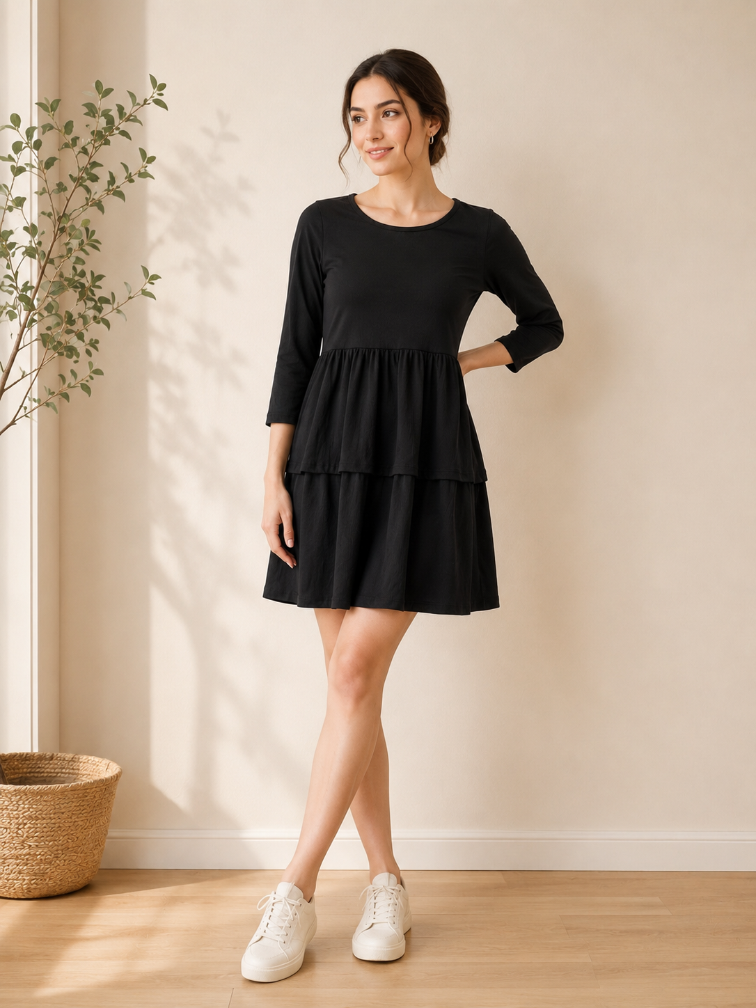 Black Tiered Fit & Flare Midi Dress — 3/4 Sleeve | Size L | NWOT - front view