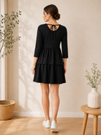 Black Tiered Fit & Flare Midi Dress — 3/4 Sleeve | Size L | NWOT - back view