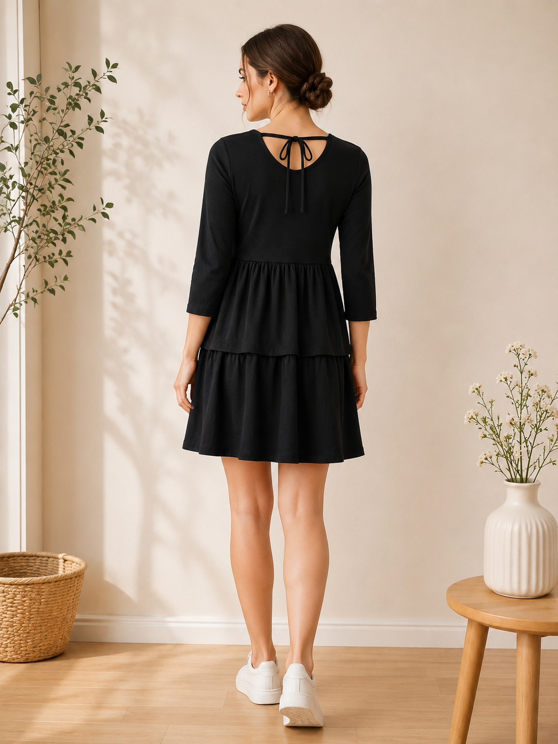 Black Tiered Fit & Flare Midi Dress — 3/4 Sleeve | Size L | NWOT - back view