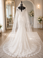 AETHERA Exclusive: Royal Queen Collection Mermaid Wedding Gown - Beaded Lace Silhouette with Cathedral Veil (Size 6, Pristine Condition) - close-up