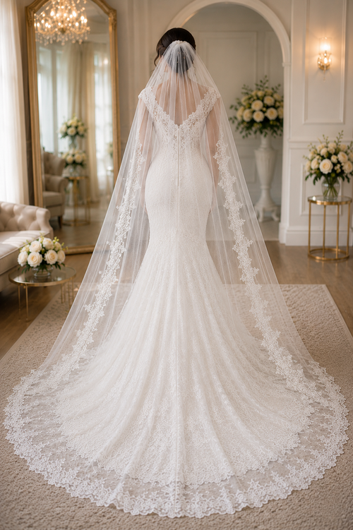 AETHERA Exclusive: Royal Queen Collection Mermaid Wedding Gown - Beaded Lace Silhouette with Cathedral Veil (Size 6, Pristine Condition) - back view