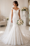 Royal Queen Collection Size 6 Beaded Lace Mermaid Wedding Dress with Veil