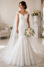 AETHERA Exclusive: Royal Queen Collection Mermaid Wedding Gown - Beaded Lace Silhouette with Cathedral Veil (Size 6, Pristine Condition) - front view