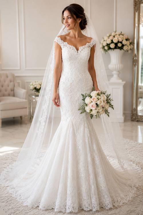 AETHERA Exclusive: Royal Queen Collection Mermaid Wedding Gown - Beaded Lace Silhouette with Cathedral Veil (Size 6, Pristine Condition) - front view