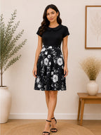 Hello Fashion Black Floral Fit & Flare Dress Peter Pan Collar Medium