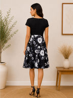 Hello Fashion Black Floral Fit & Flare Dress Peter Pan Collar Medium - View 2