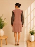 Dusty Pink Knit Dress Plaid Sleeves Size Medium - View 2