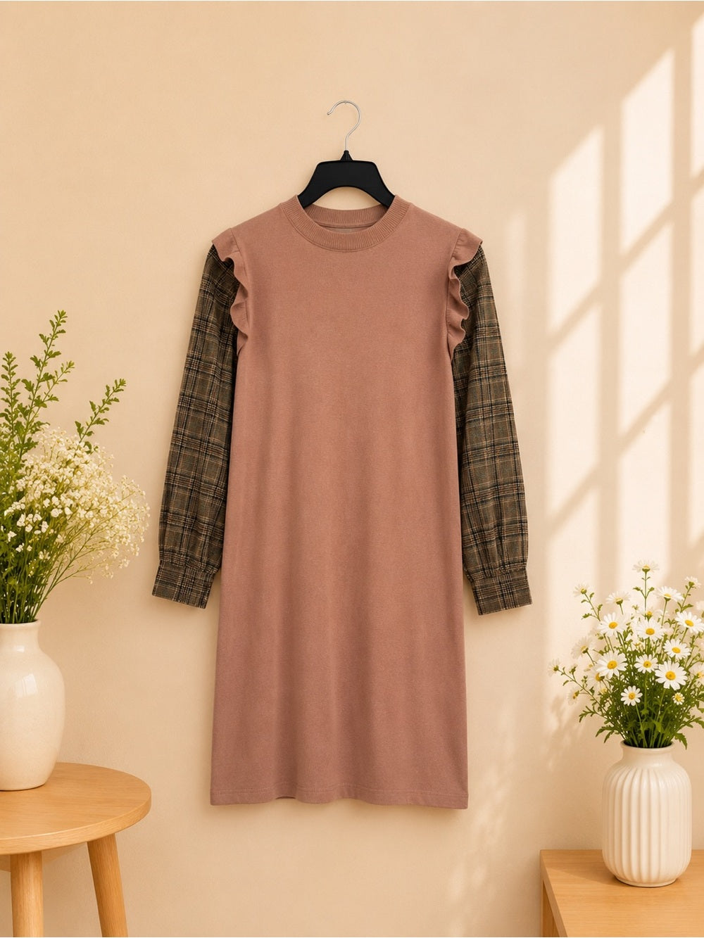 Dusty Pink Knit Dress Plaid Sleeves Size Medium - View 3