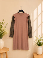 Dusty Pink Knit Dress Plaid Sleeves Size Medium - View 3