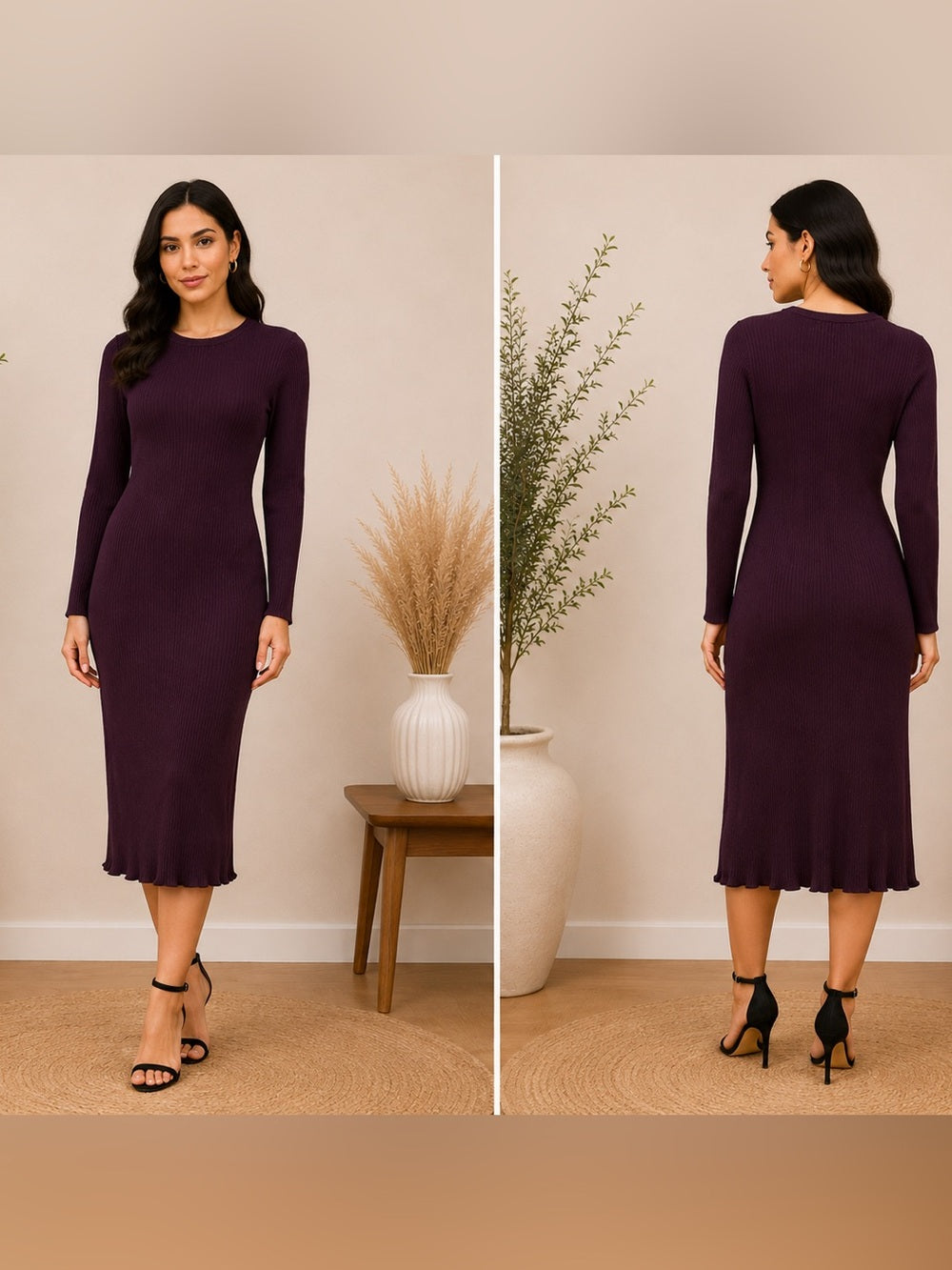 Catherine Malandrino Plum Ribbed Knit Midi Dress Medium