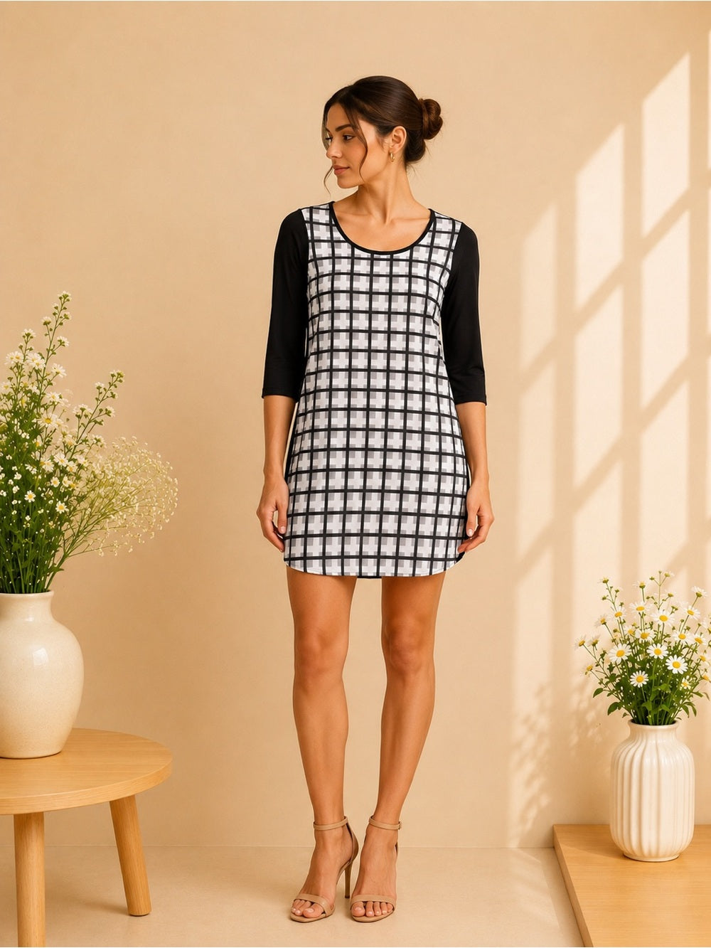 Style & Co Black & White Plaid Layered Tunic Top Size Large