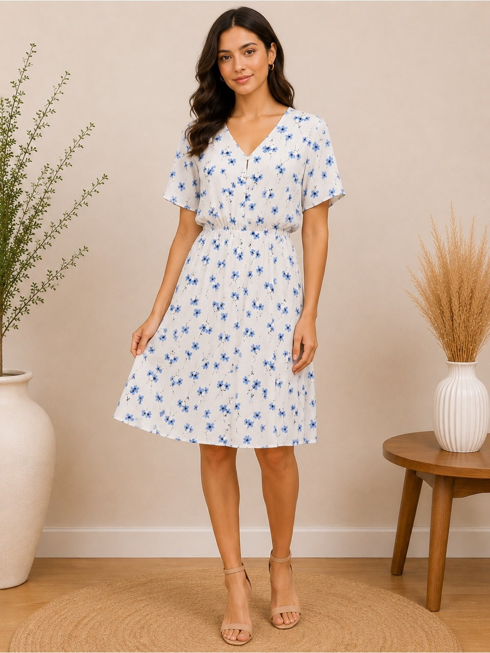 Sienna Sky White Blue Floral Mini Dress - Small