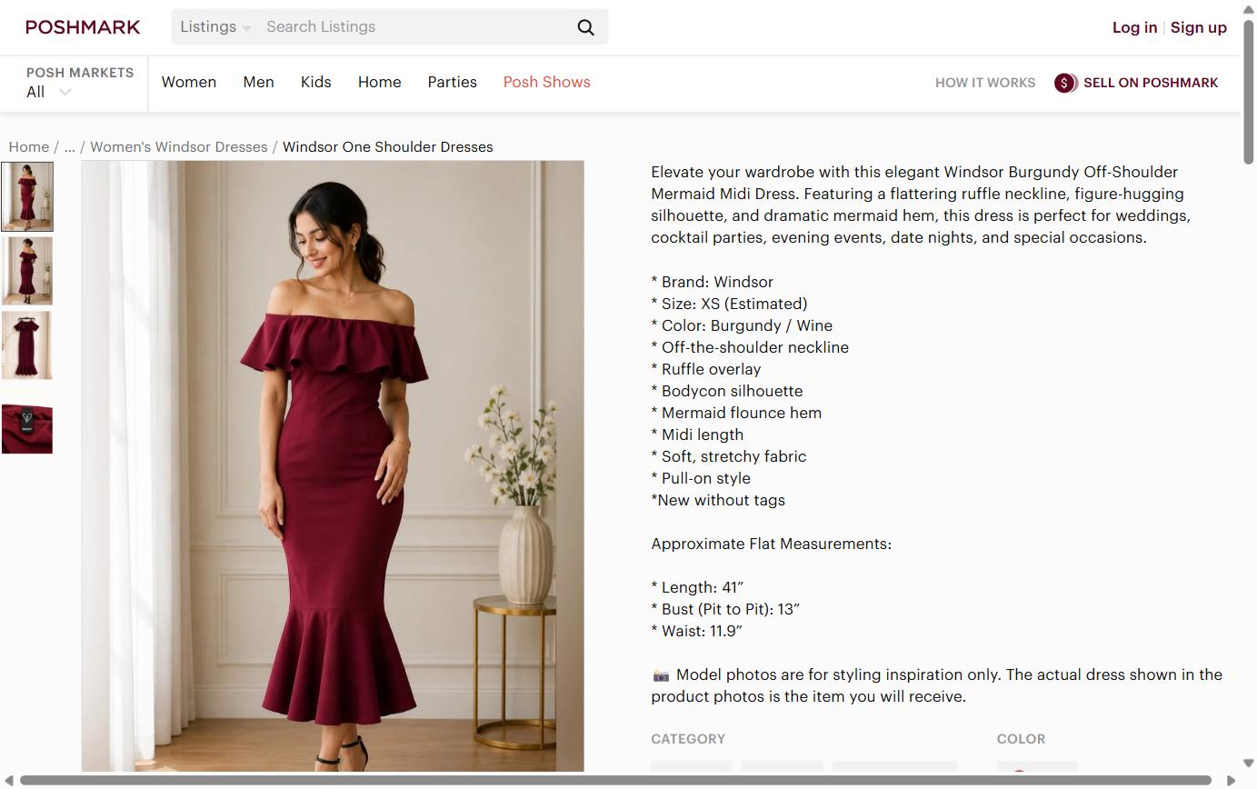 Windsor Burgundy Off-Shoulder Mermaid Midi Dress - Size XS